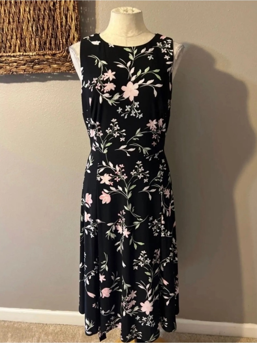 Anne Klein Black Midi Dress with Pink Floral Print - Picture 2 of 16